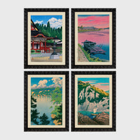 Set of 4 framed prints, Kawase Hasui Japanese woodblock prints: a red shrine framed by pine trees under a blue sky; a pink sunset over a lake with a moored boat; a lake view framed by pine branches beneath drifting clouds; and green coastal cliffs with a waterfall over turquoise water — unframed