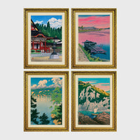 Set of 4 framed prints, Kawase Hasui Japanese woodblock prints: a red shrine framed by pine trees under a blue sky; a pink sunset over a lake with a moored boat; a lake view framed by pine branches beneath drifting clouds; and green coastal cliffs with a waterfall over turquoise water — unframed