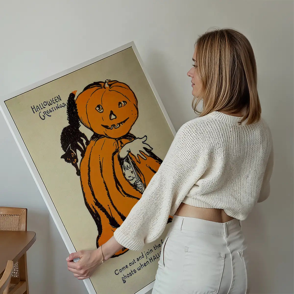 Vintage Pumpkin Cape Cat Halloween Print