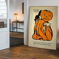 Vintage Pumpkin Cape Cat Halloween Print