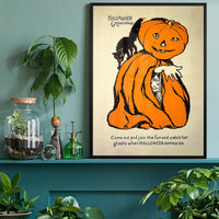 Vintage Pumpkin Cape Cat Halloween Print