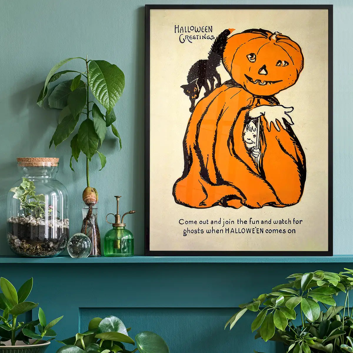Vintage Pumpkin Cape Cat Halloween Print