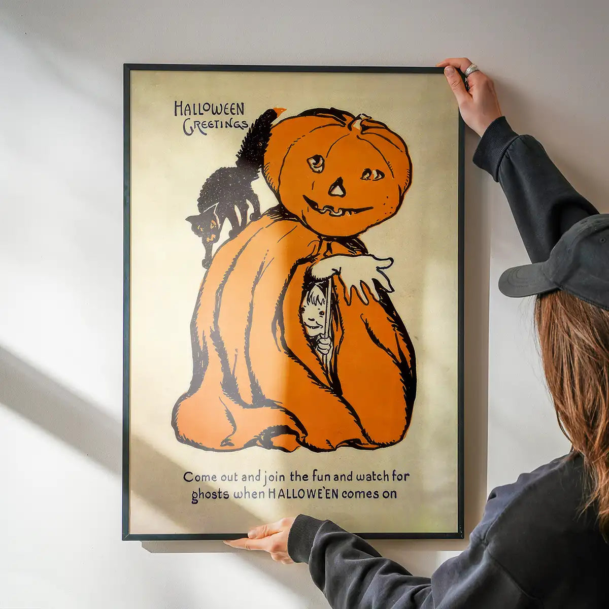 Vintage Pumpkin Cape Cat Halloween Print