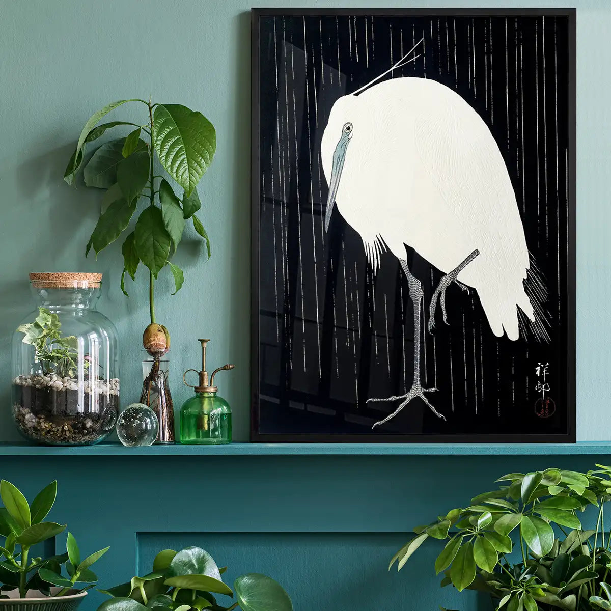 Egret Heron in the Rain by Ohara Koson