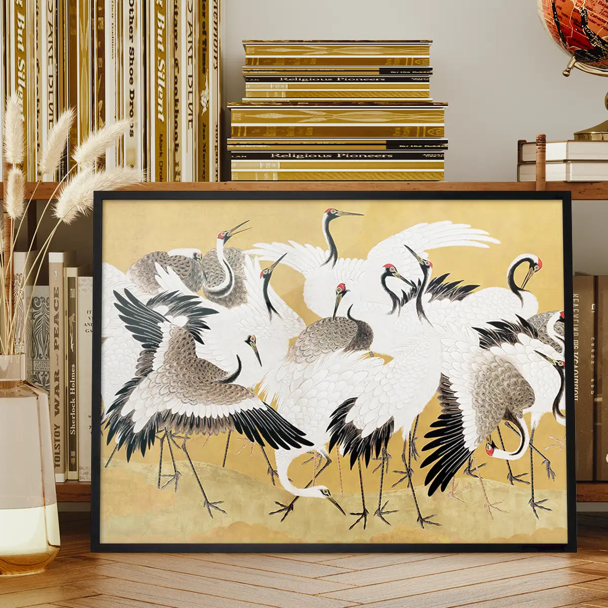 Japanese flock of cranes vintage painting by Ishida Yūtei
