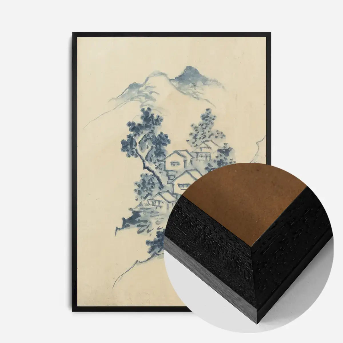 Buildings nestled among trees in a mountain valley by Katsushika Hokusai
