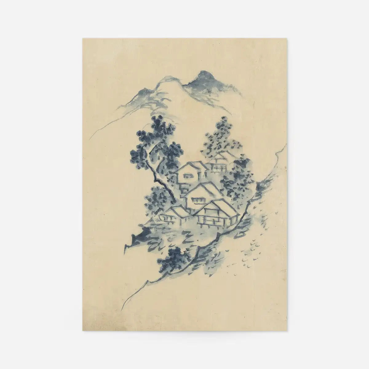 Buildings nestled among trees in a mountain valley by Katsushika Hokusai