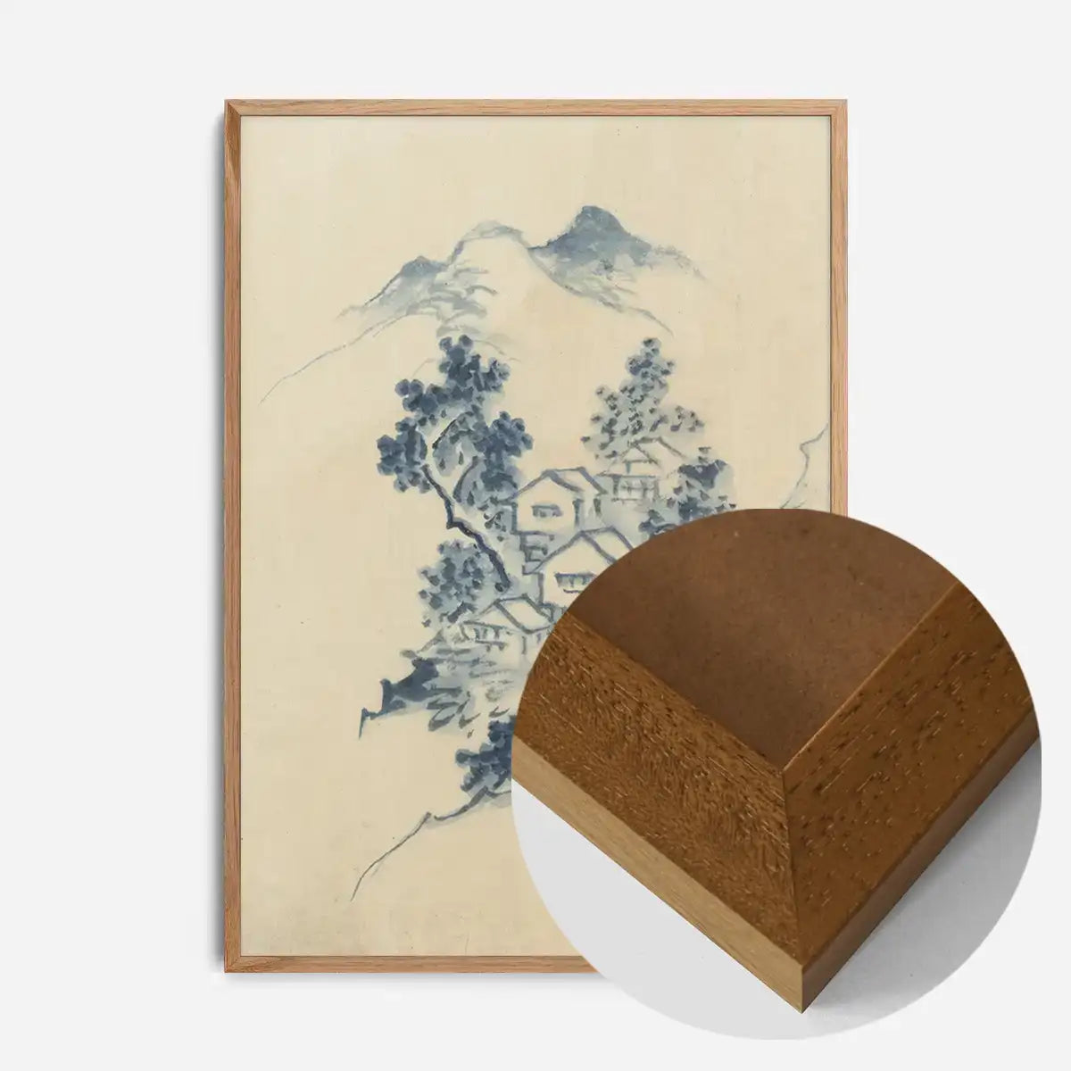 Buildings nestled among trees in a mountain valley by Katsushika Hokusai