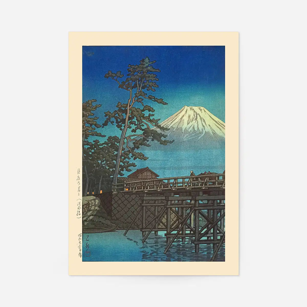 Mt. Fuji in Moonlight and Kawaibashi Bridge Print by Hasui Kawase, Japanese woodblock print, unframed