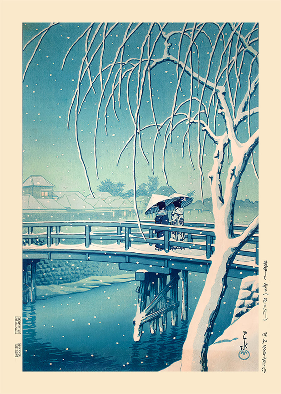 Evening Snow, Edo River Print by Hasui Kawase