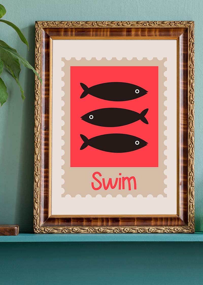 Swim Postage Stamp Style Kids Print