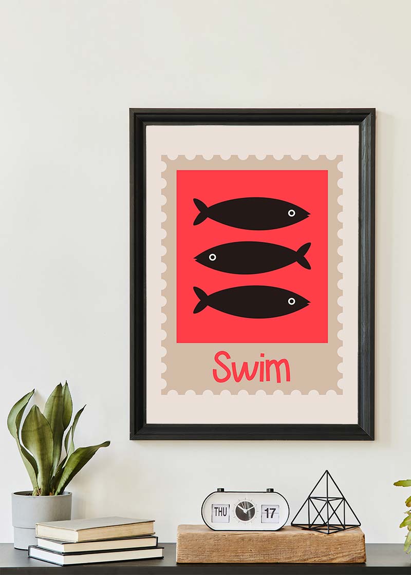 Swim Postage Stamp Style Kids Print