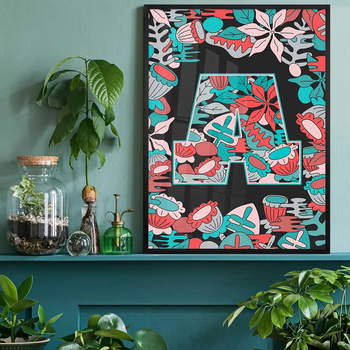 Single Pattern Leafy Letter Personalised Initial Teal Print