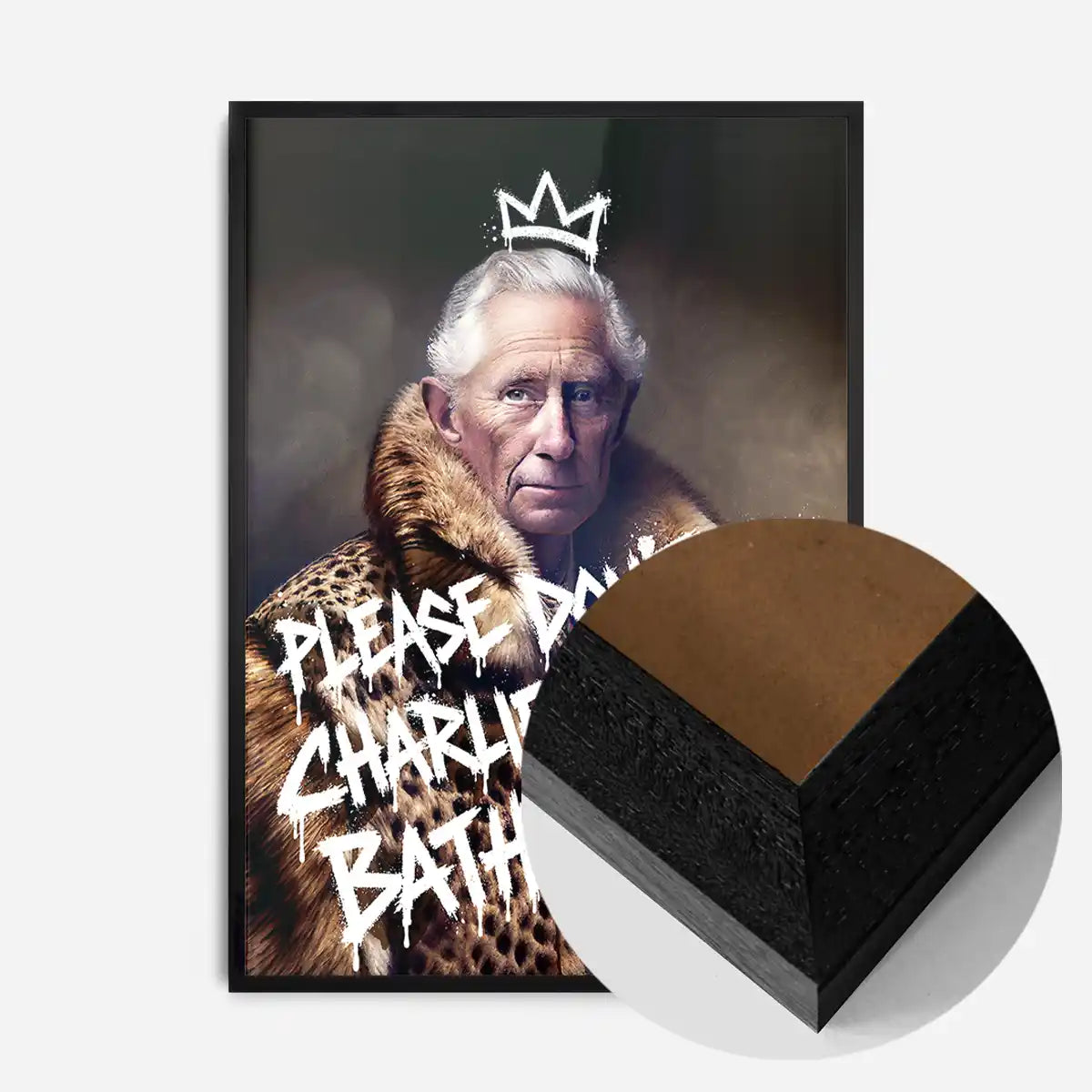 Don't Do Charlie King Charles bathroom print in a black wood frame, side profile
