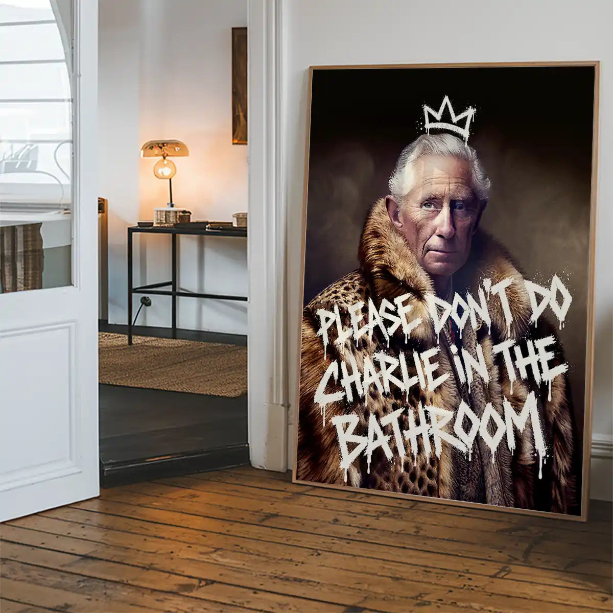 Don't Do Charlie King Charles bathroom print shown framed in a home interior