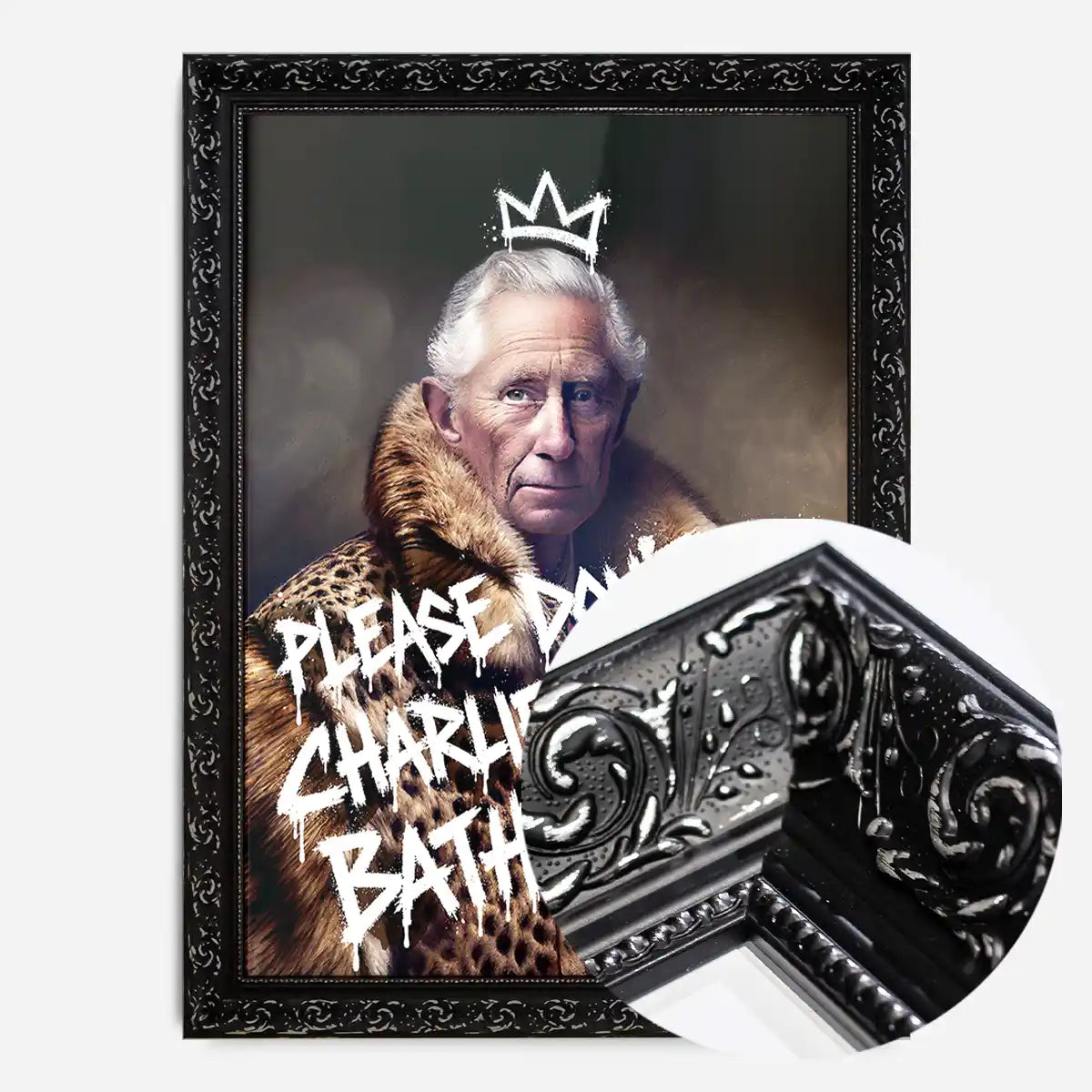 Don't Do Charlie King Charles bathroom print in an ornate black frame, side profile