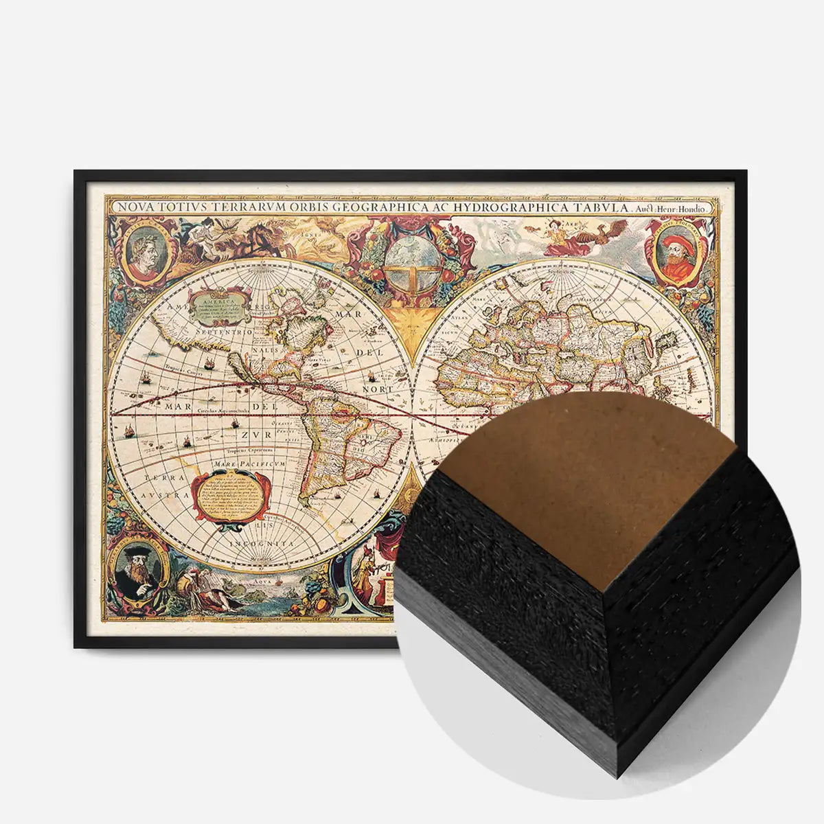 Antique World Map Double Hemisphere Map by Henricus Hondius 1630