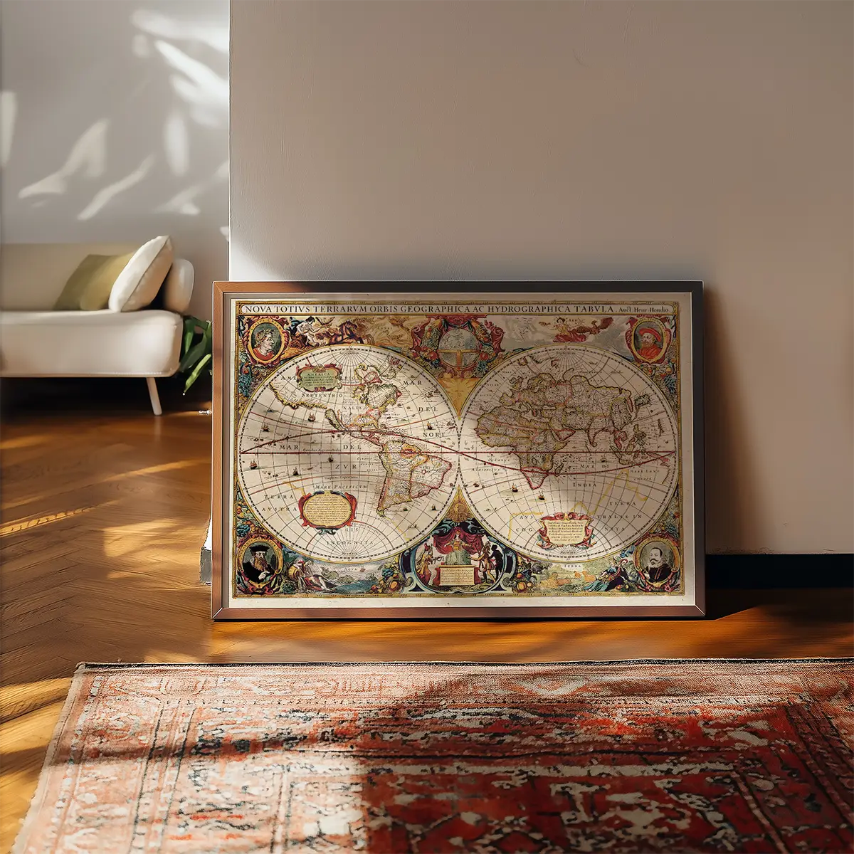 Antique World Map Double Hemisphere Map by Henricus Hondius 1630