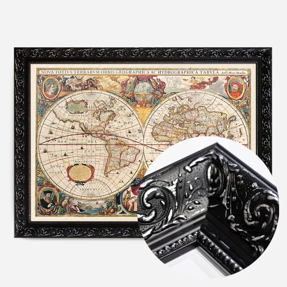 Antique World Map Double Hemisphere Map by Henricus Hondius 1630