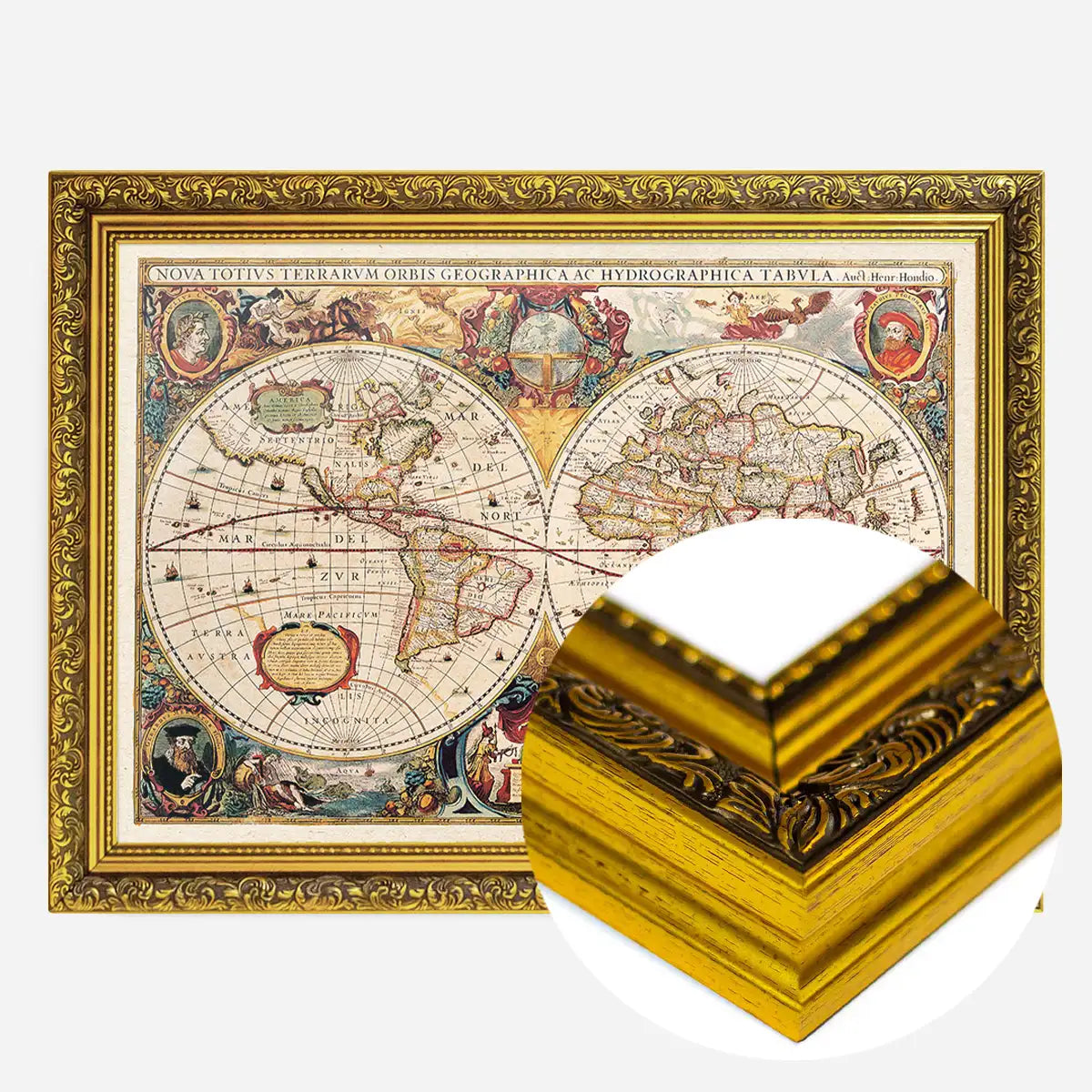 Antique World Map Double Hemisphere Map by Henricus Hondius 1630