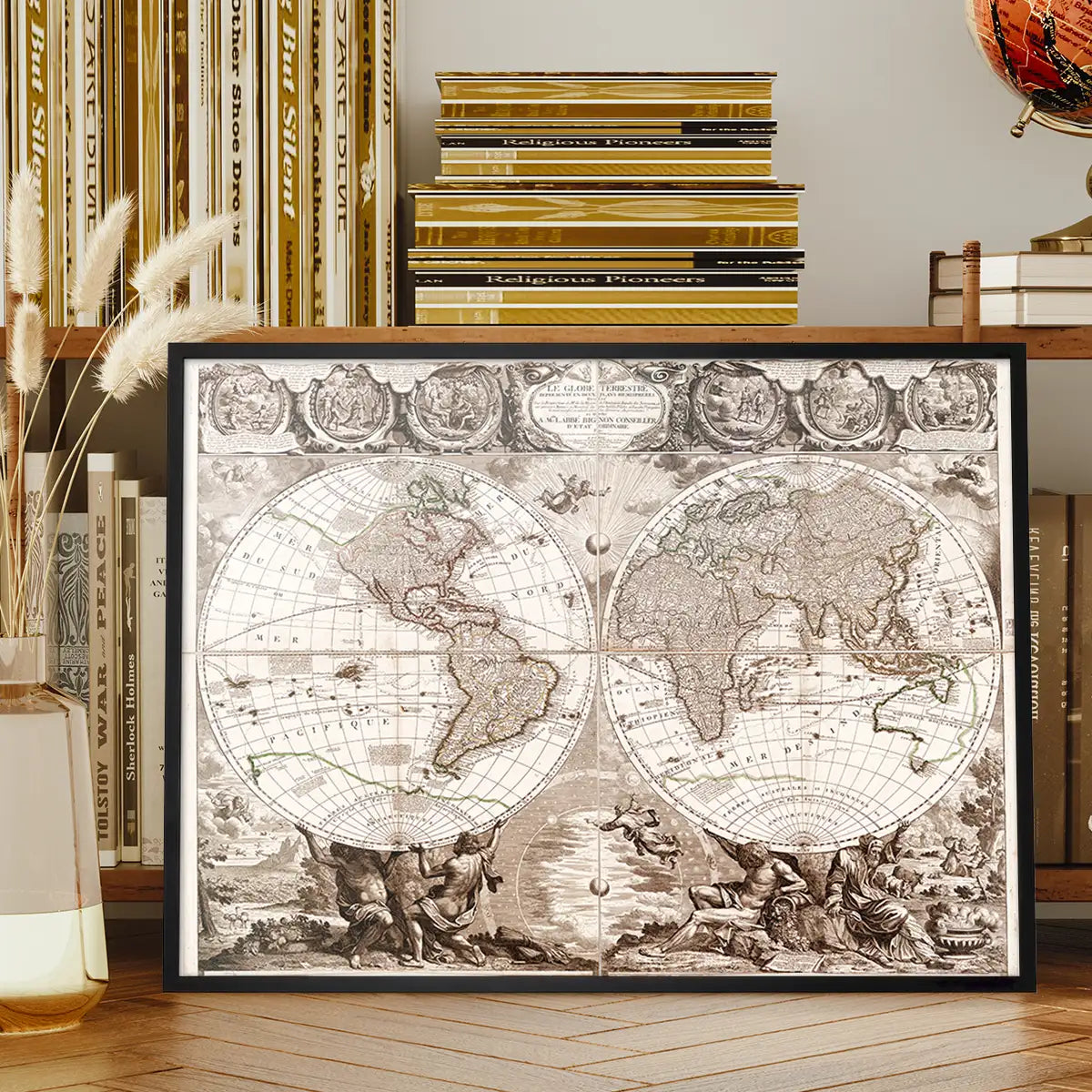 Vintage Illustrated Double Hemisphere World Map
