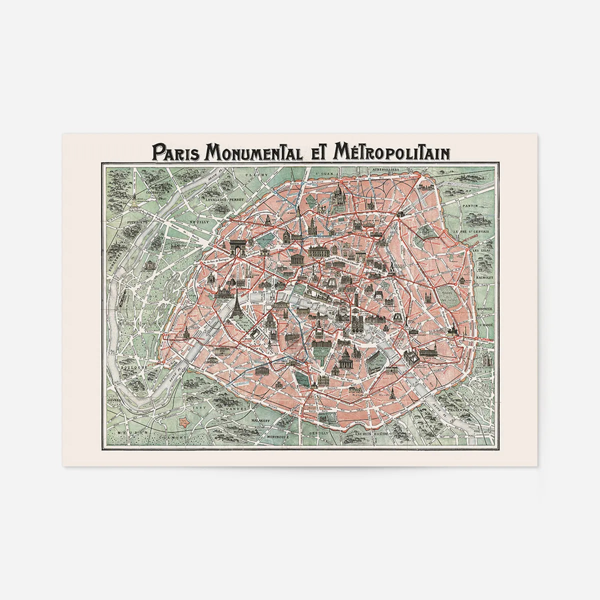 Plan Of Paris With Significant Buildings And Metro Lines 1920