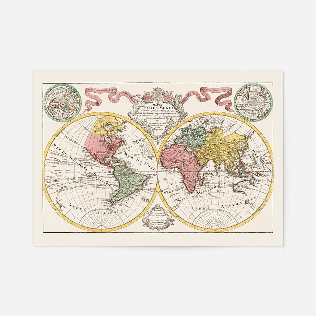 Hand Coloured Double Hemisphere World Map