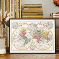 Hand Coloured Double Hemisphere World Map