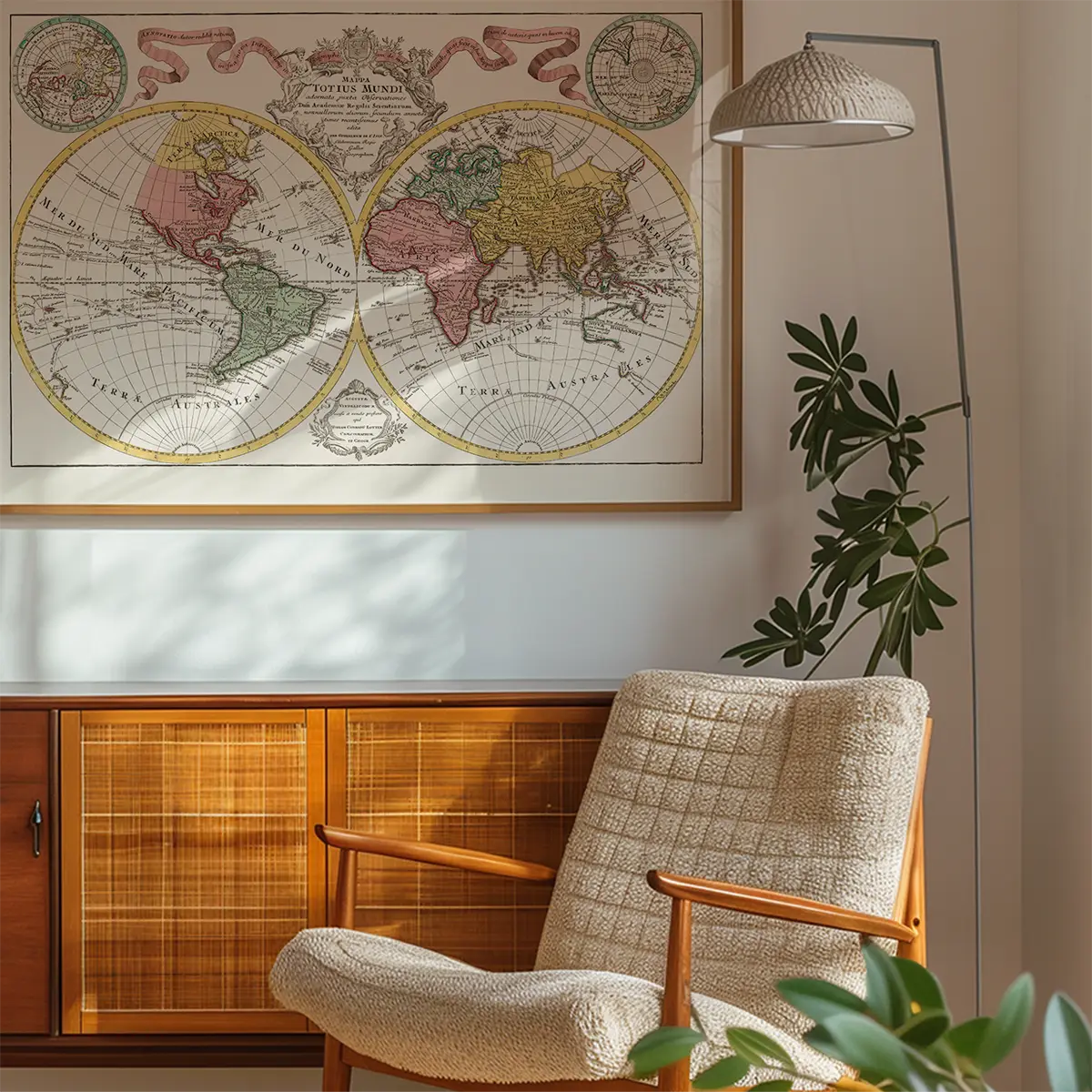 Hand Coloured Double Hemisphere World Map