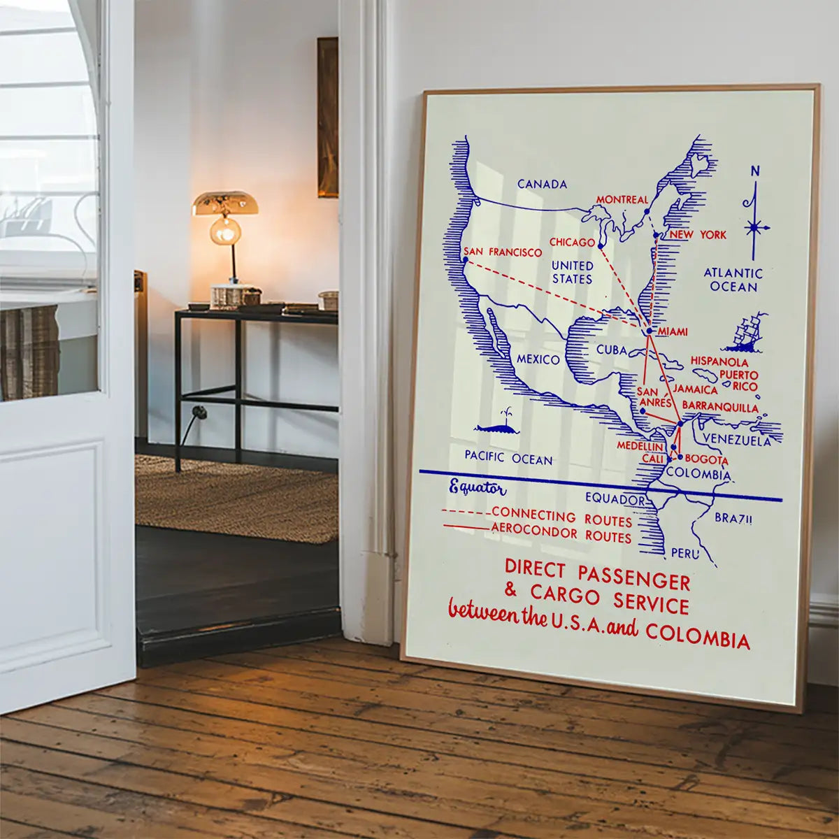 Vintage Map Print of USA to Colombia Cargo Routes
