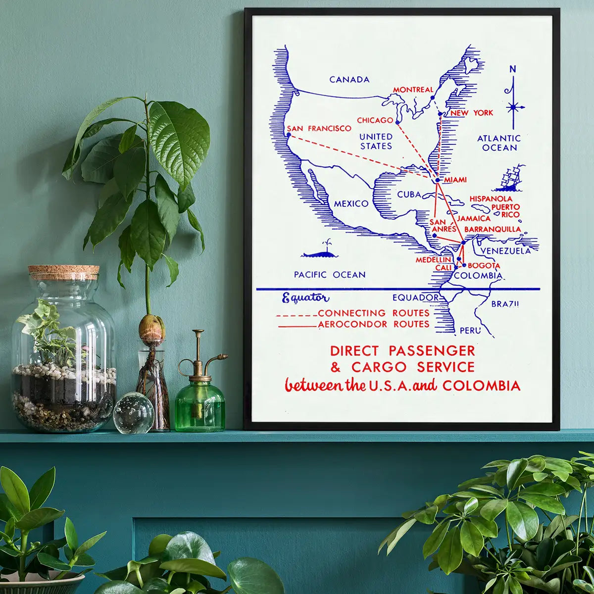 Vintage Map Print of USA to Colombia Cargo Routes