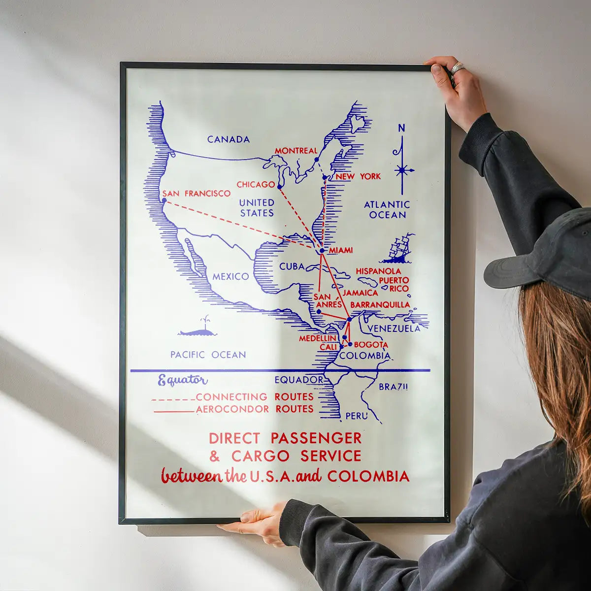 Vintage Map Print of USA to Colombia Cargo Routes