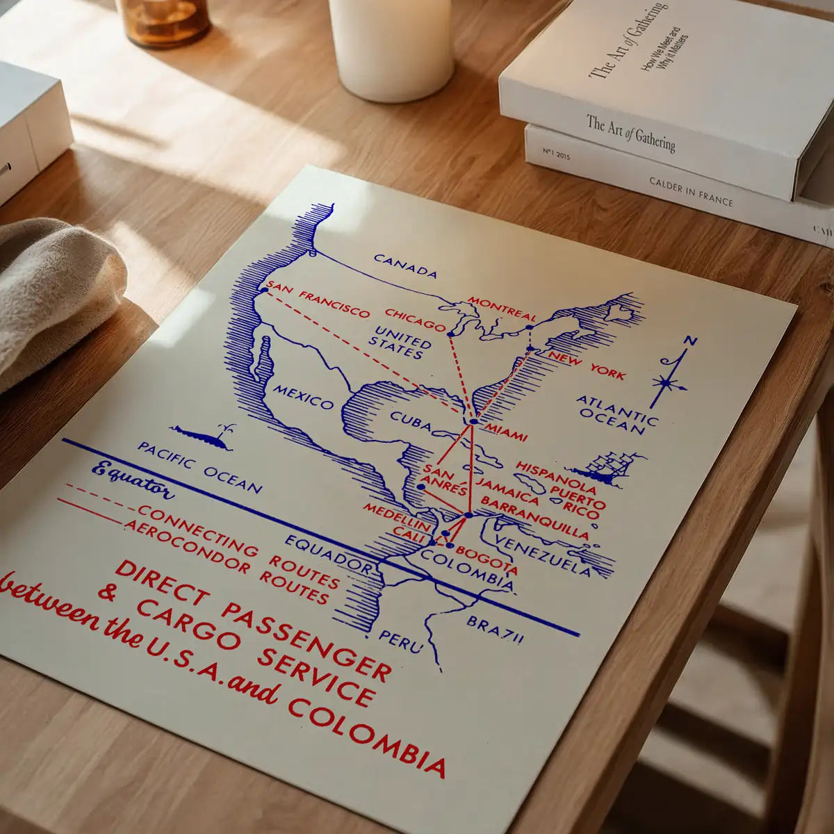 Vintage Map Print of USA to Colombia Cargo Routes