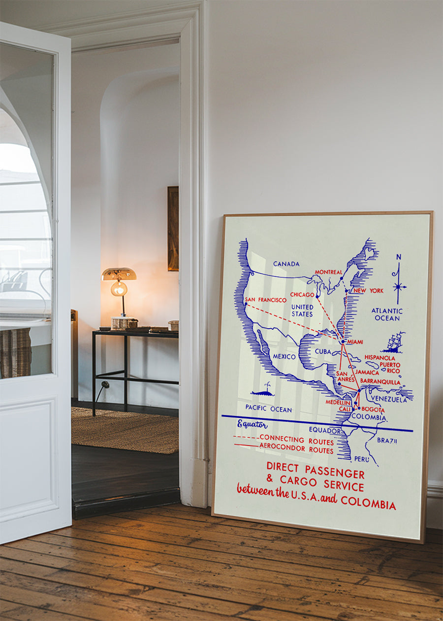 Vintage Map Print of USA to Colombia Cargo Routes