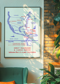 Vintage Map Print of USA to Colombia Cargo Routes