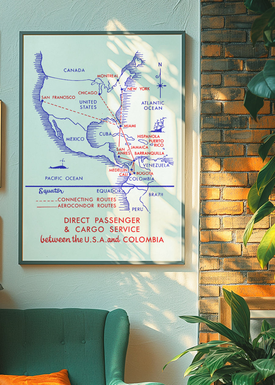 Vintage Map Print of USA to Colombia Cargo Routes
