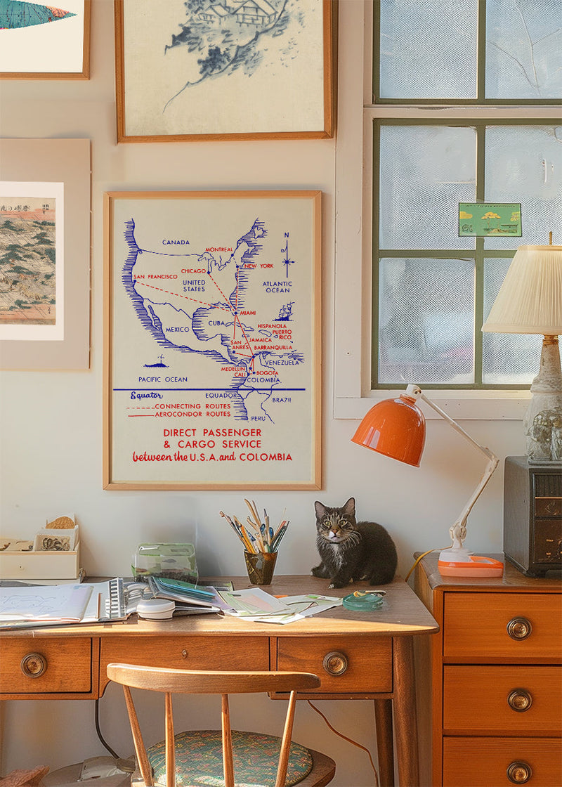 Vintage Map Print of USA to Colombia Cargo Routes