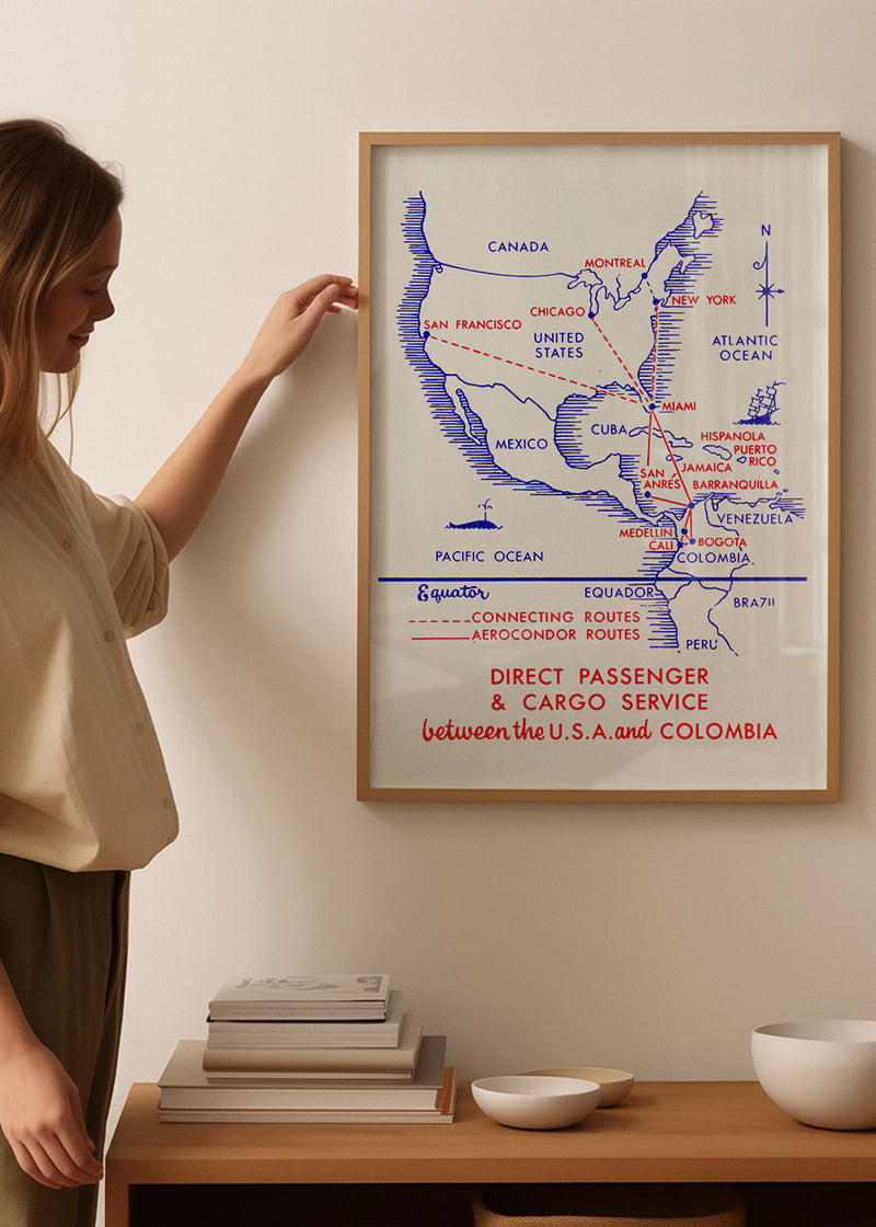Vintage Map Print of USA to Colombia Cargo Routes