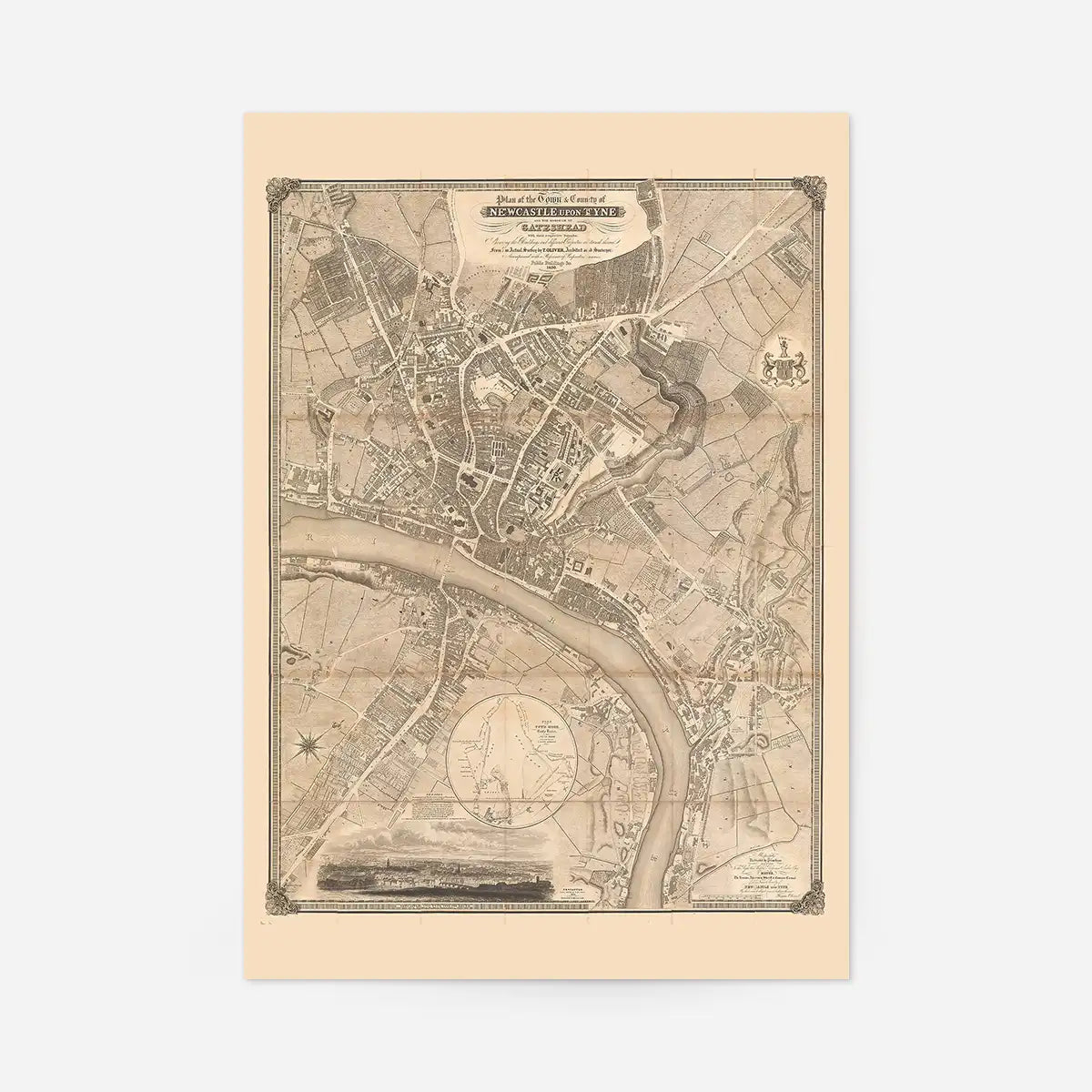Vintage Map Print of Newcastle Gateshead by Thomas Oliver