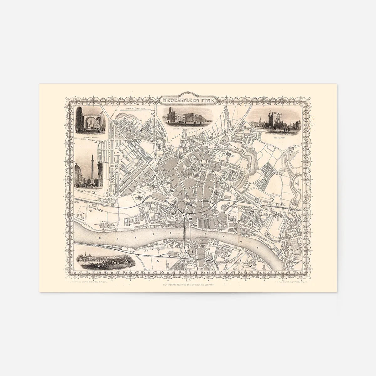 Vintage Newcastle Upon Tyne Landscape Map Print