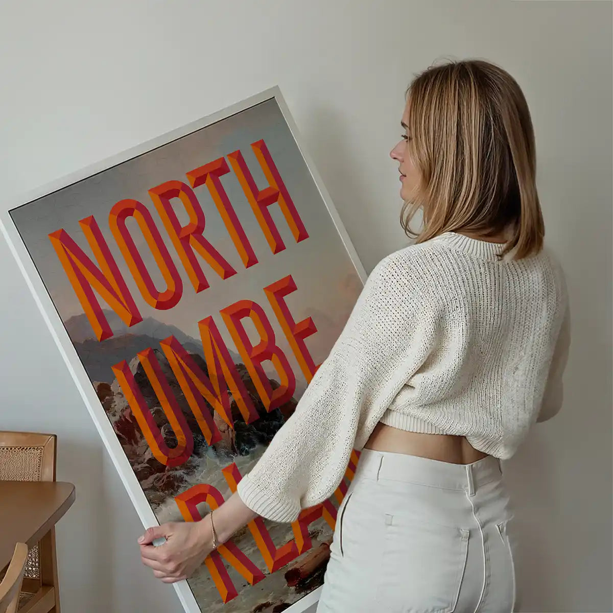 Northumberland typography painting Newcastle print displayed on a wall in a styled room