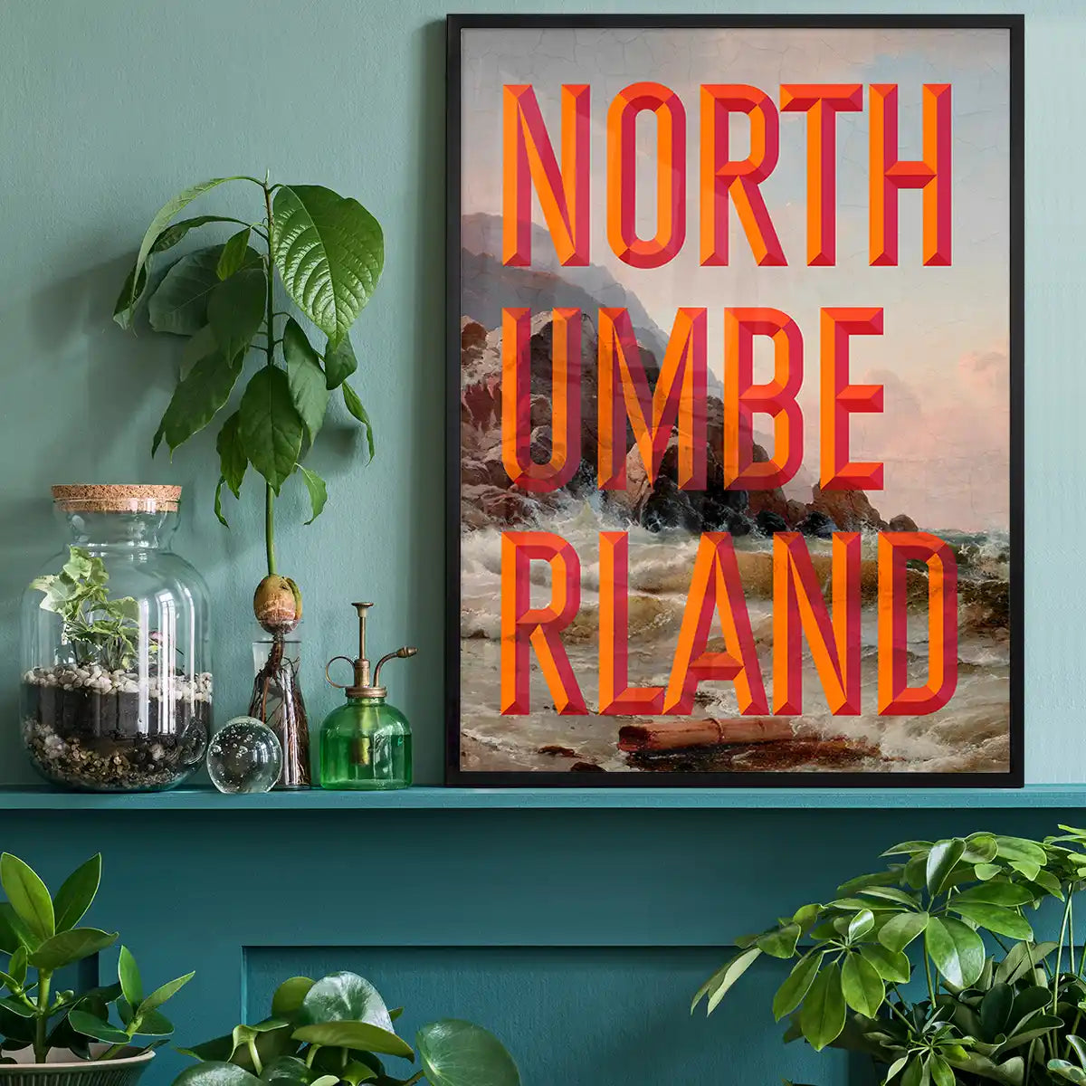 Northumberland typography painting Newcastle print shown in a lifestyle room mockup