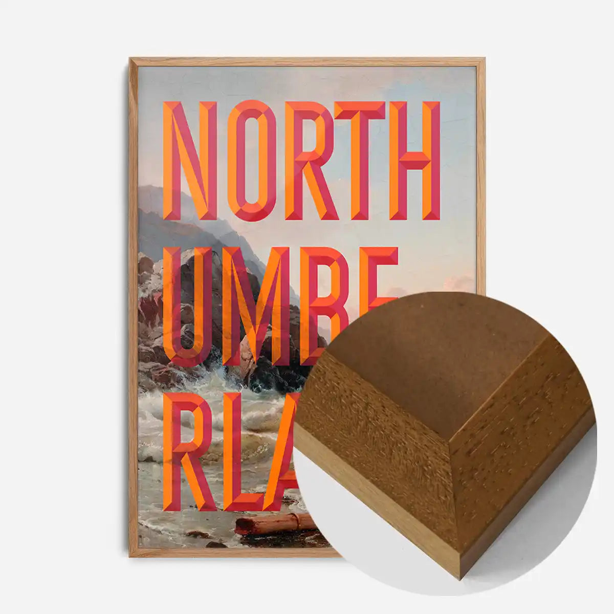 Northumberland typography painting Newcastle print in an oak wood frame, side profile