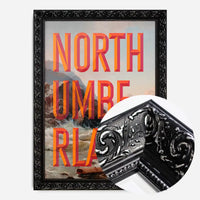 Northumberland typography painting Newcastle print in an ornate black frame, side profile