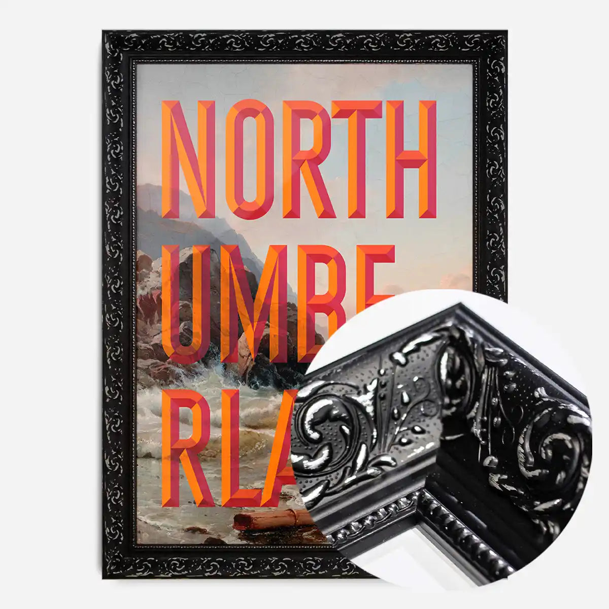 Northumberland typography painting Newcastle print in an ornate black frame, side profile