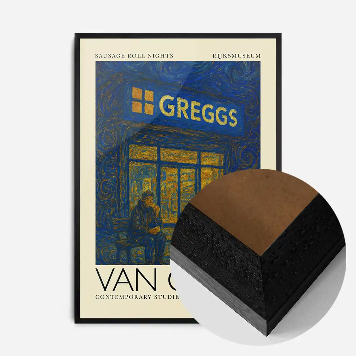 Van Gogh style Greggs parody painting print in a black wood frame, side profile