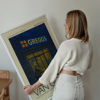 Van Gogh style Greggs parody painting print displayed on a wall in a styled room