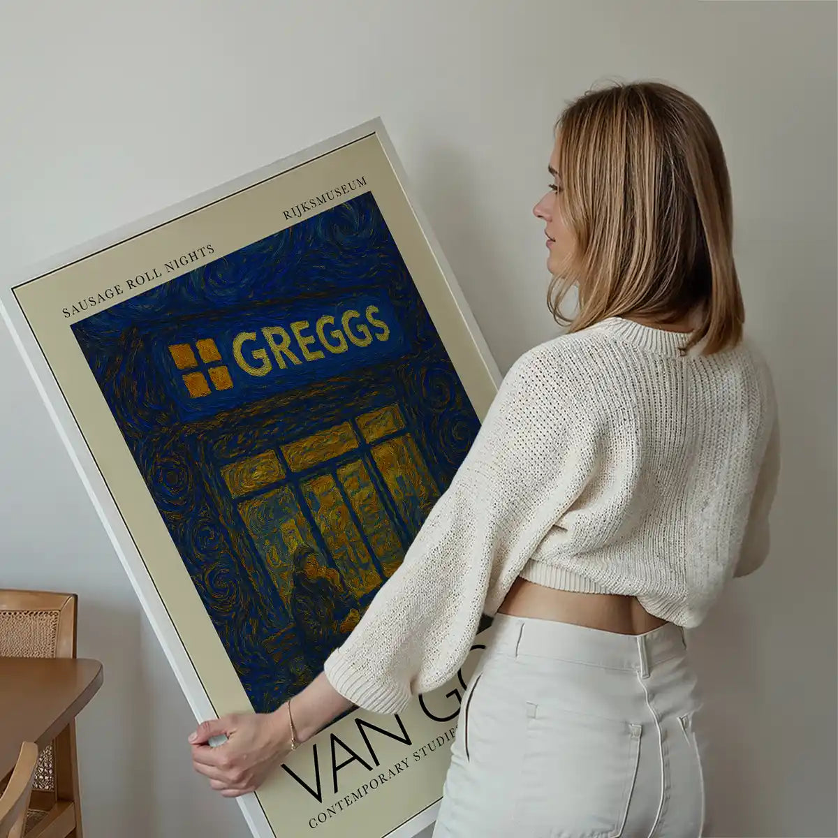 Van Gogh style Greggs parody painting print displayed on a wall in a styled room