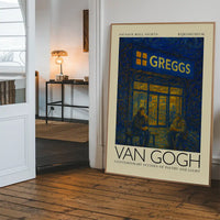 Van Gogh style Greggs parody painting print shown framed in a home interior