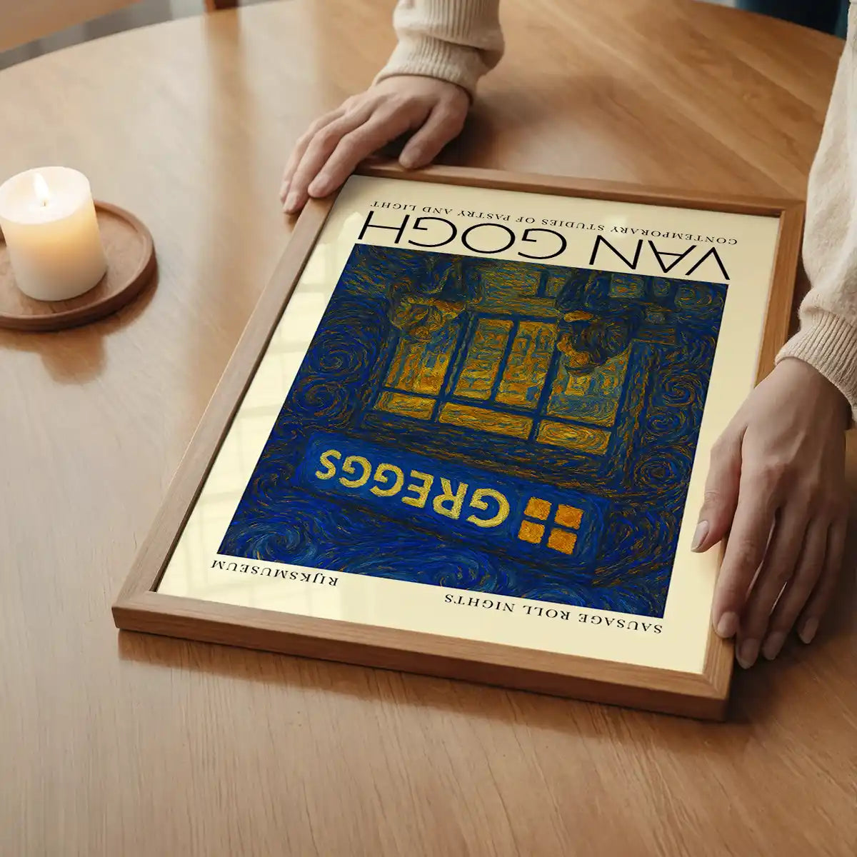 Van Gogh style Greggs parody painting print hanging on a wall as part of a room setting